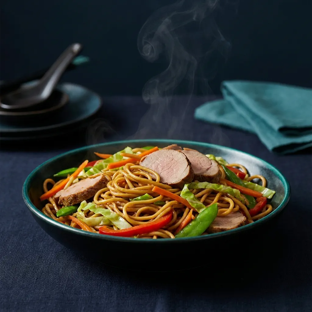 The same yakisoba rebuilt lean with roasted pork tenderloin