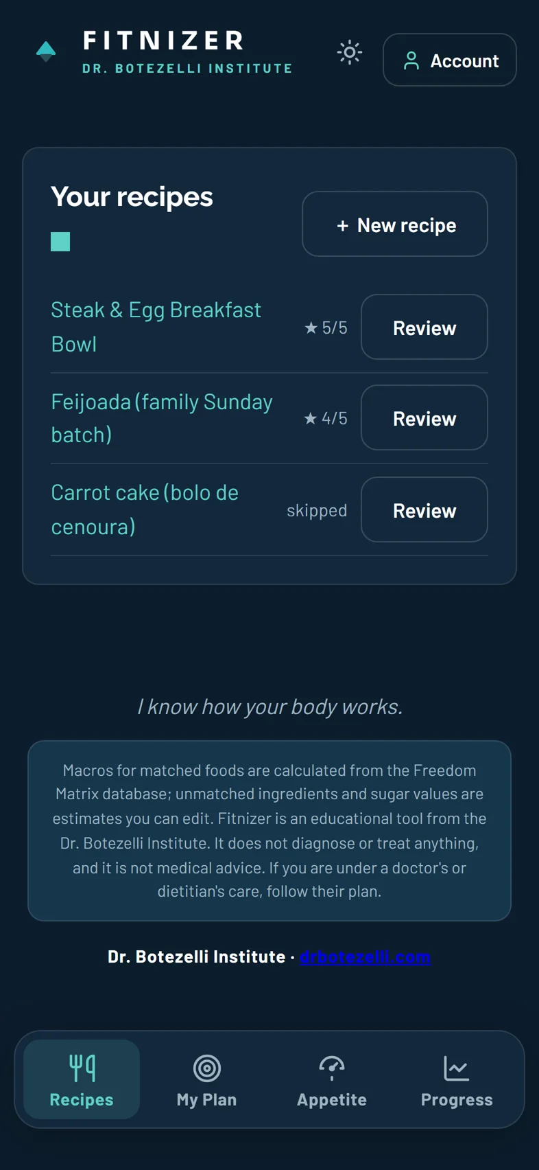 My recipes: every Fitnized recipe saved to your account