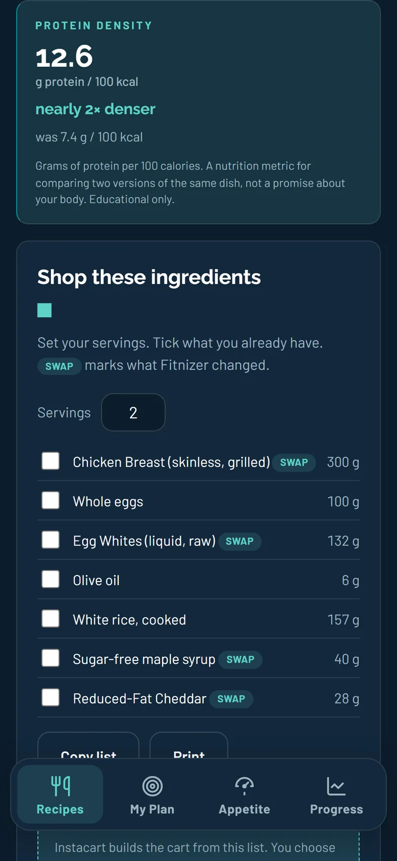 Protein density and database confidence for a Fitnized recipe