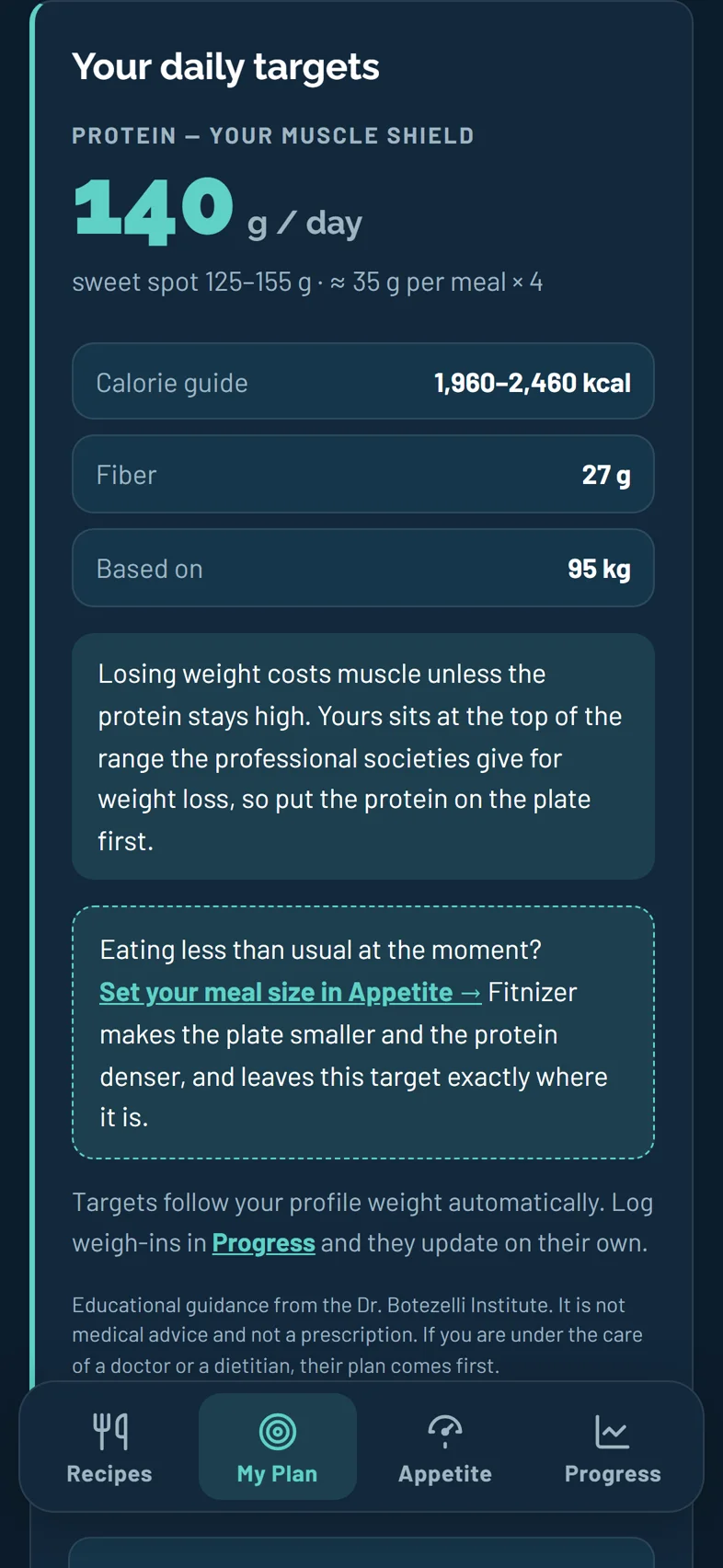 Your daily protein target in Fitnizer's My Plan
