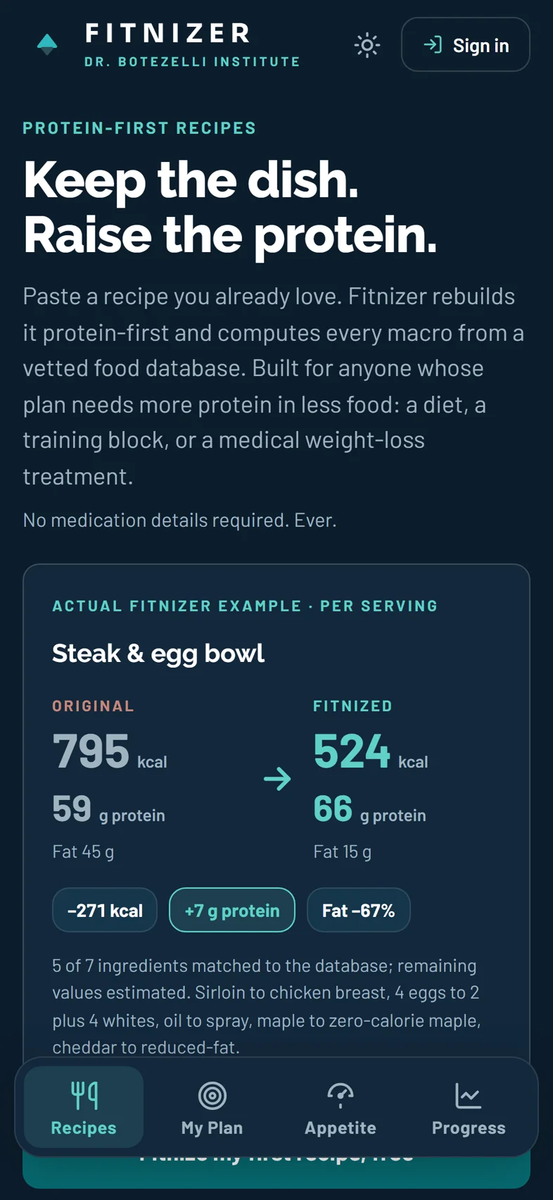 Fitnizer on a phone: Small appetite. Make every bite protein.