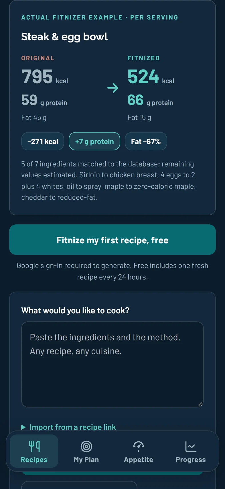 Fitnizer on a phone: an actual Fitnizer example, per serving.