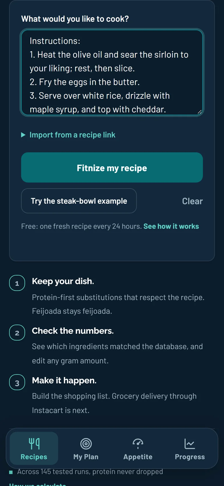 Pasting a recipe into Fitnizer