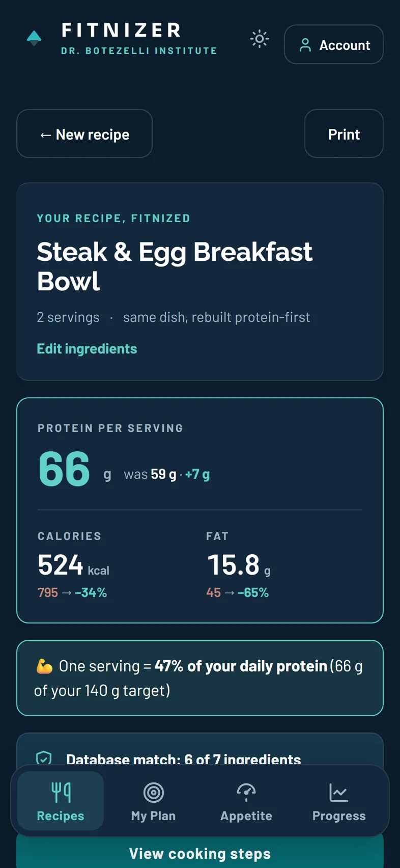 The Fitnized result: protein per serving, calories and fat
