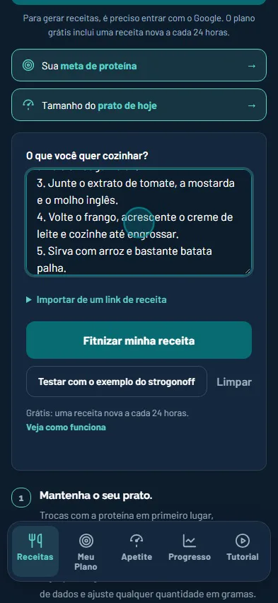 Colando uma receita no Fitnizer