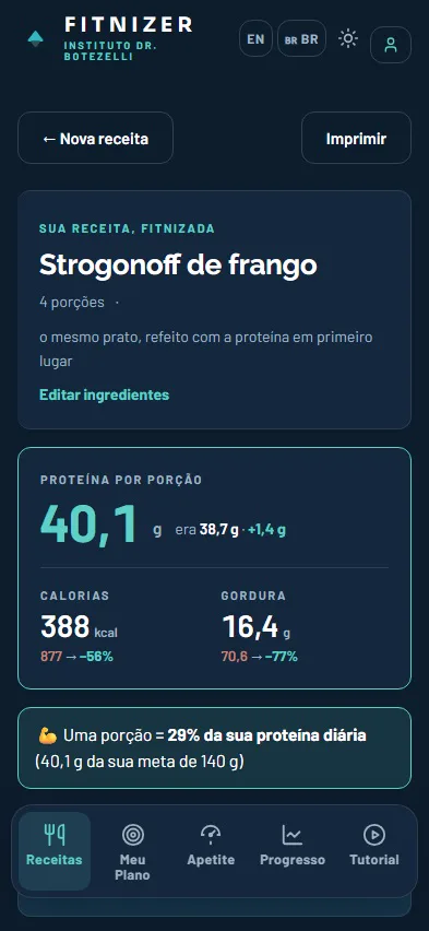 O resultado Fitnizado: proteína por porção, calorias e gordura
