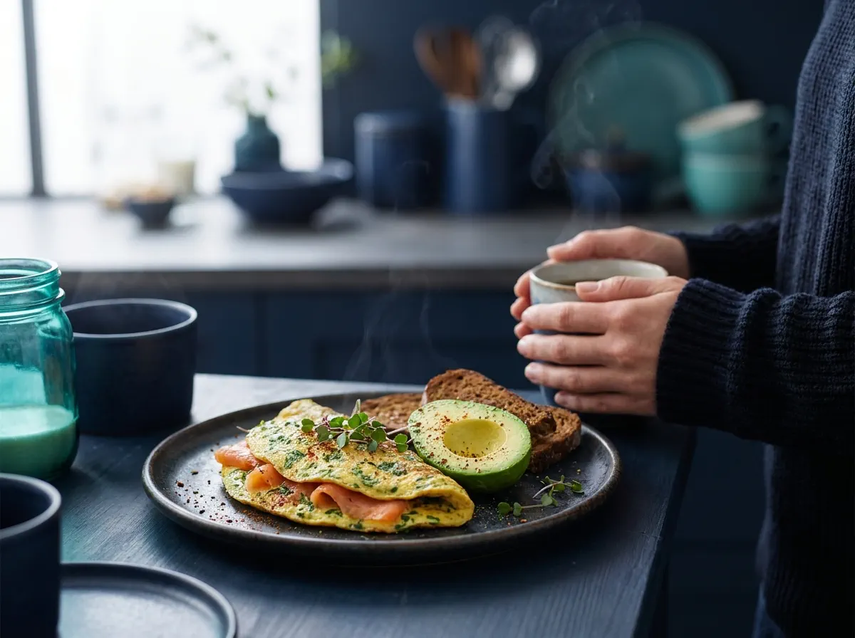 A calm high-protein breakfast plate in soft morning light