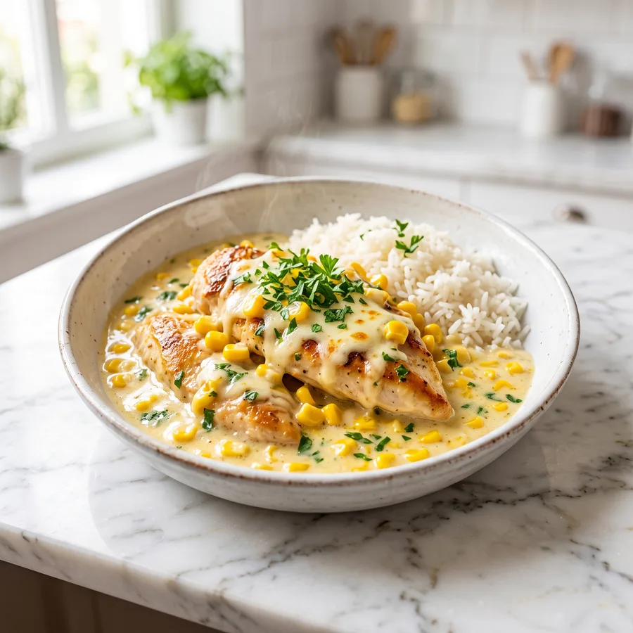 Frango ao molho cremoso de milho com arroz